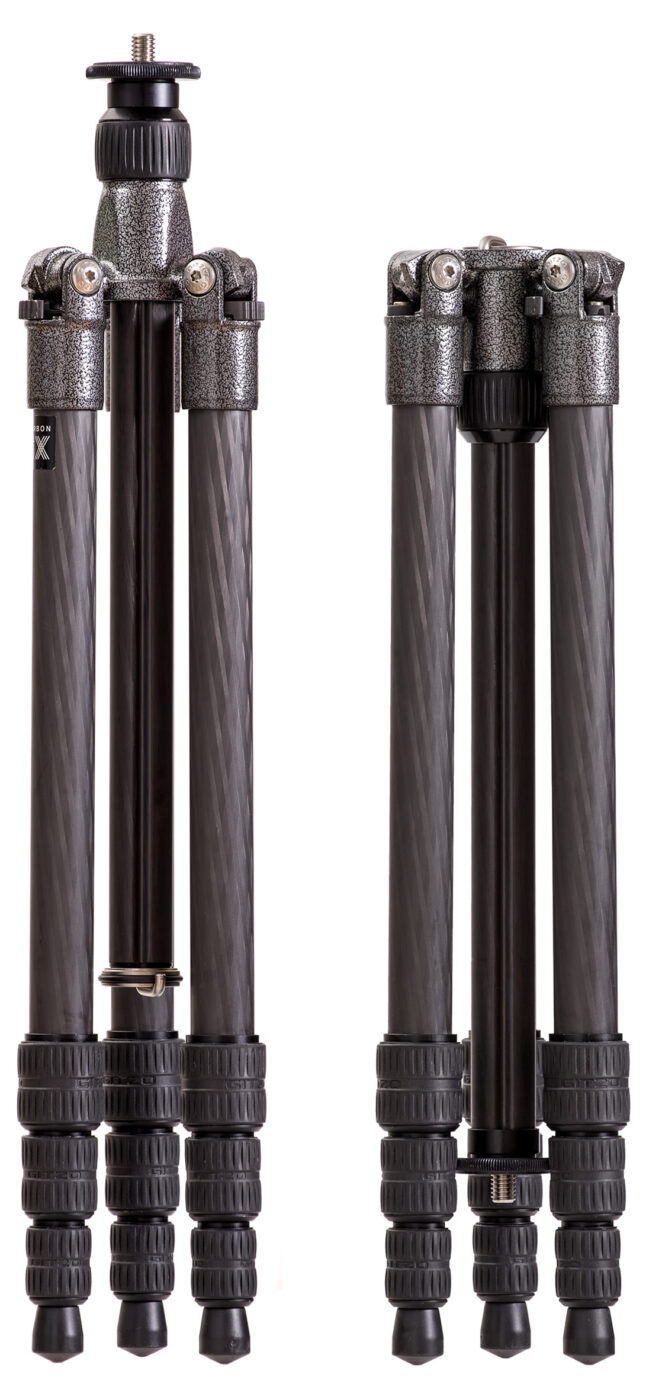 A folded carbon fiber travel tripod seen from two sides, with twist locks on every leg.