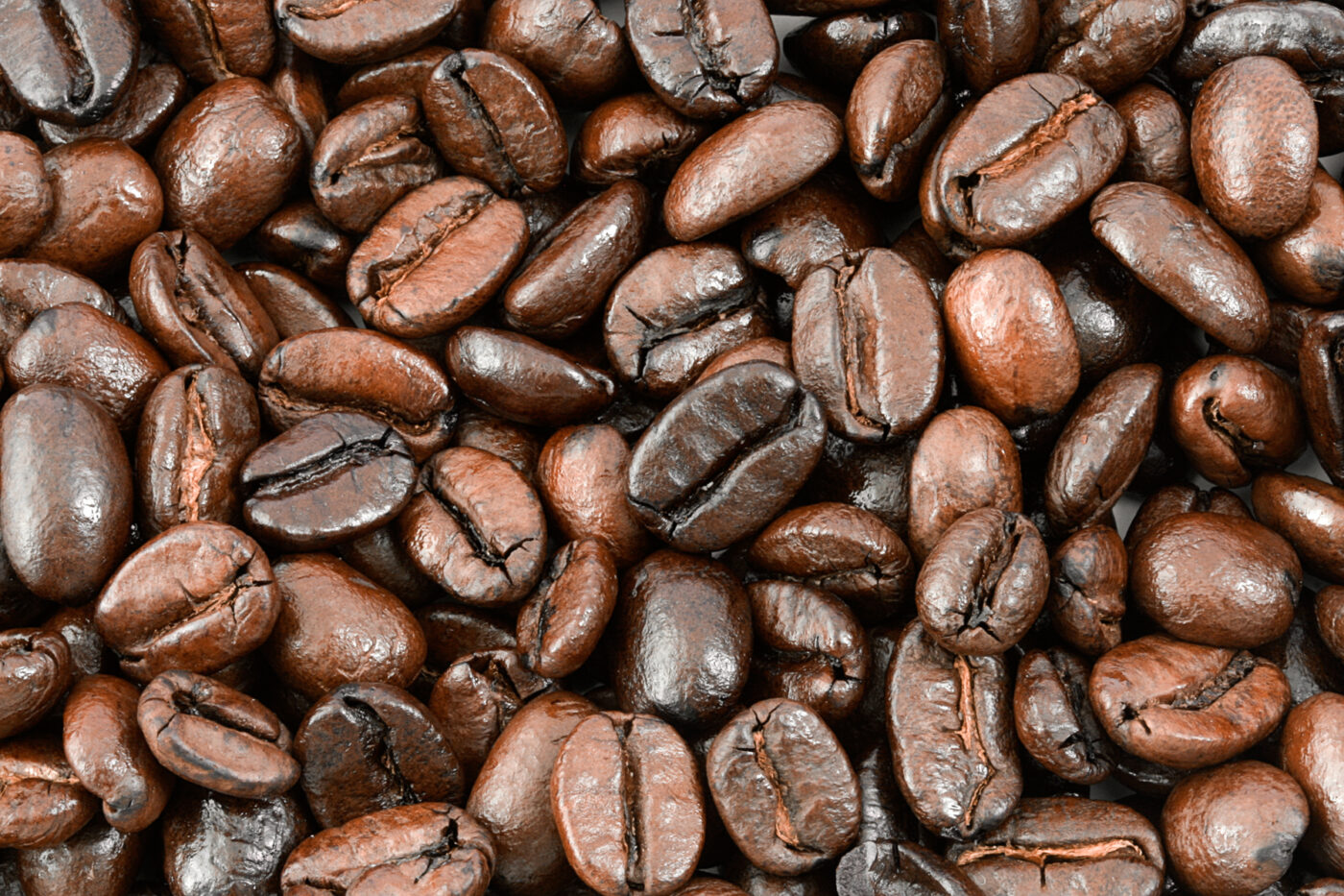 A close-up of dark roasted coffee beans with glossy surfaces and visible center creases