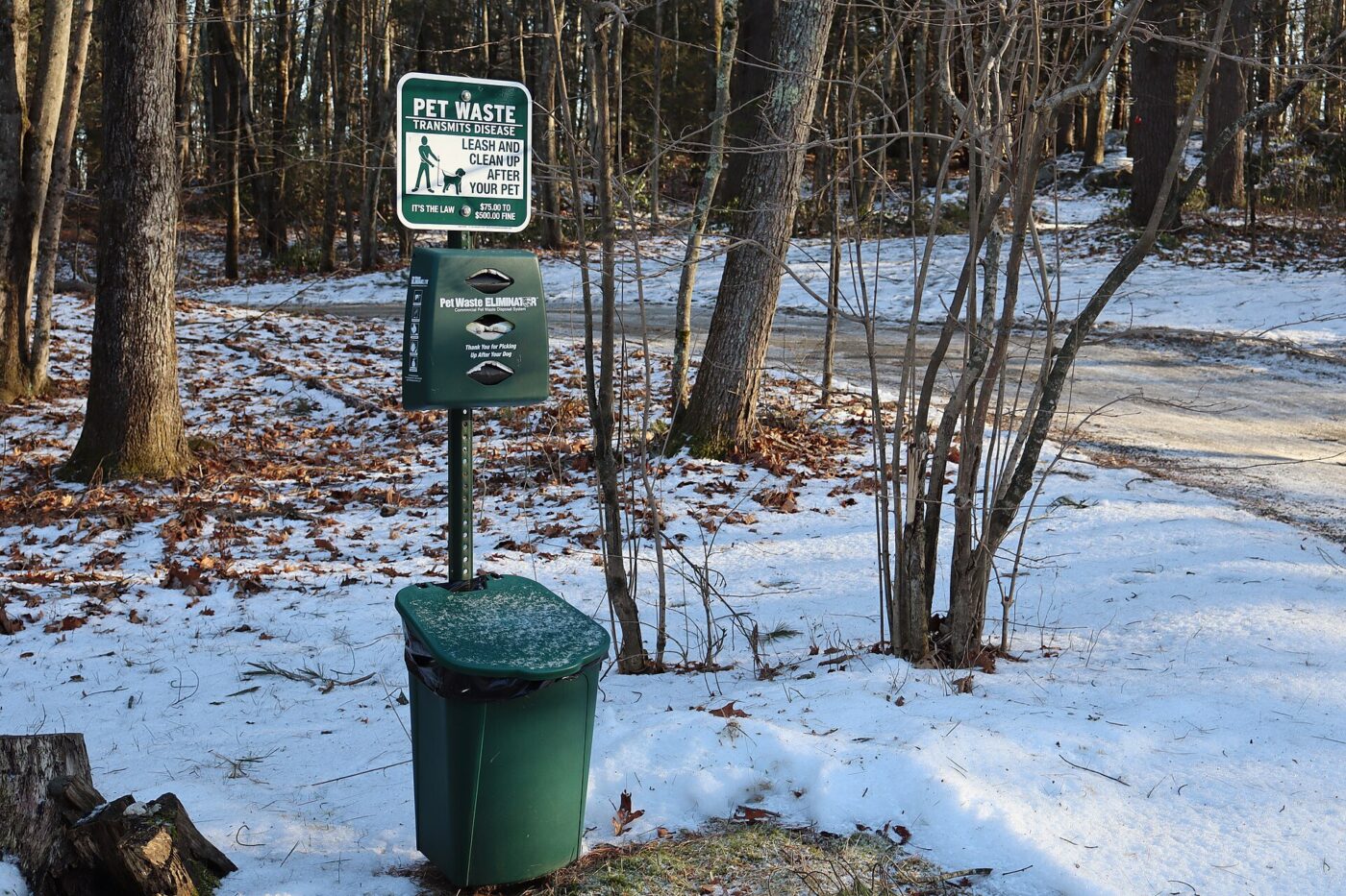 A pet waste station with a bag dispenser standing over a green trash can.