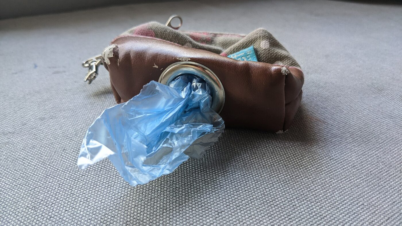 A blue dog waste bag pulled from a small leather pouch dispenser.