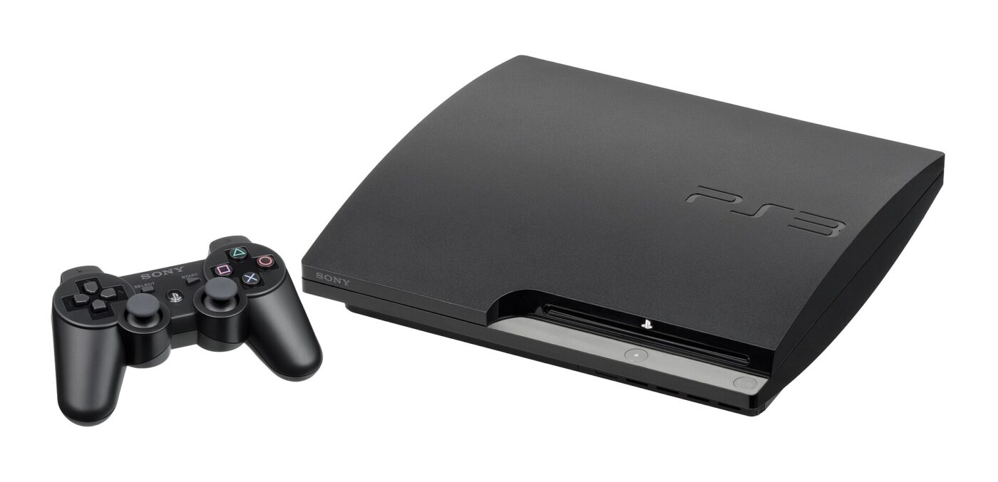 A slim-model PlayStation 3 console with its wireless controller on a white background