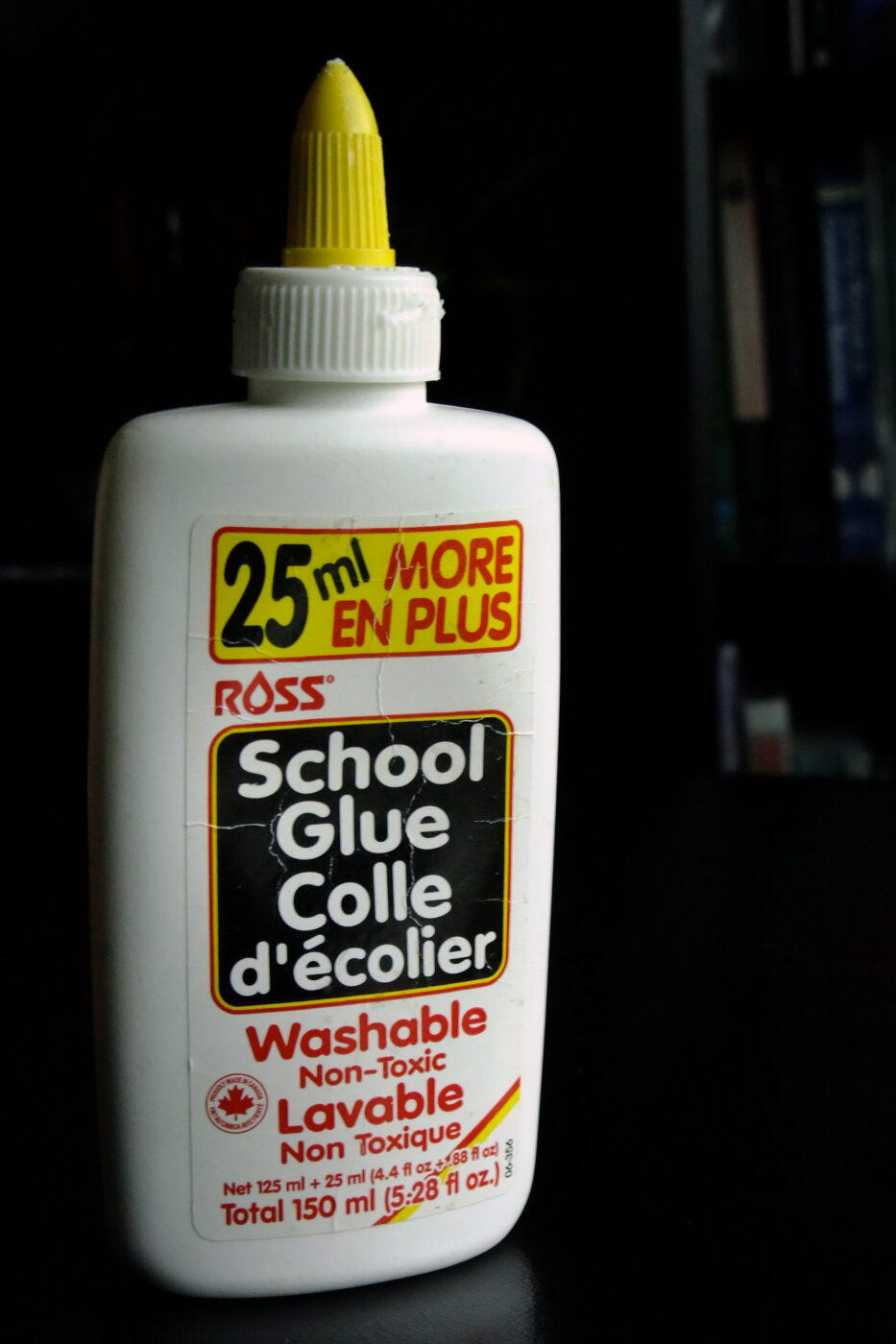 A school glue bottle whose front label reads washable and non-toxic.