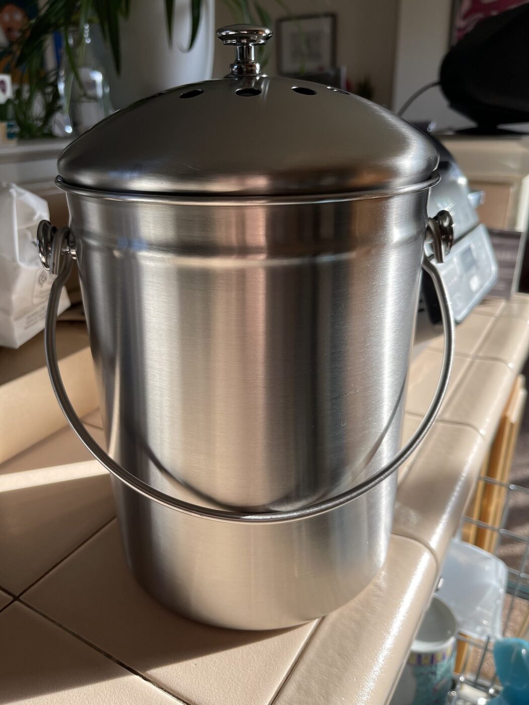A lidded stainless steel countertop pail used to collect kitchen food scraps.