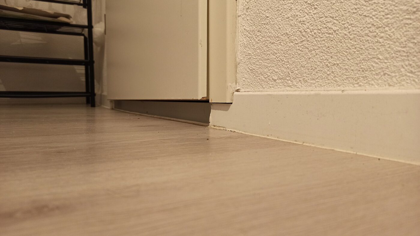 The gap between the bottom of a closed door and a wooden floor.