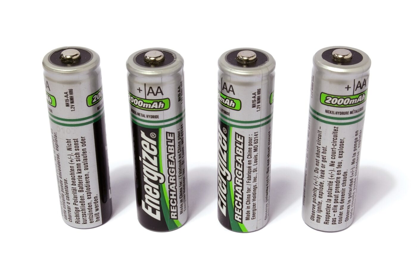 Four Energizer nickel-metal-hydride rechargeable AA cells, each marked 2000 milliamp-hours