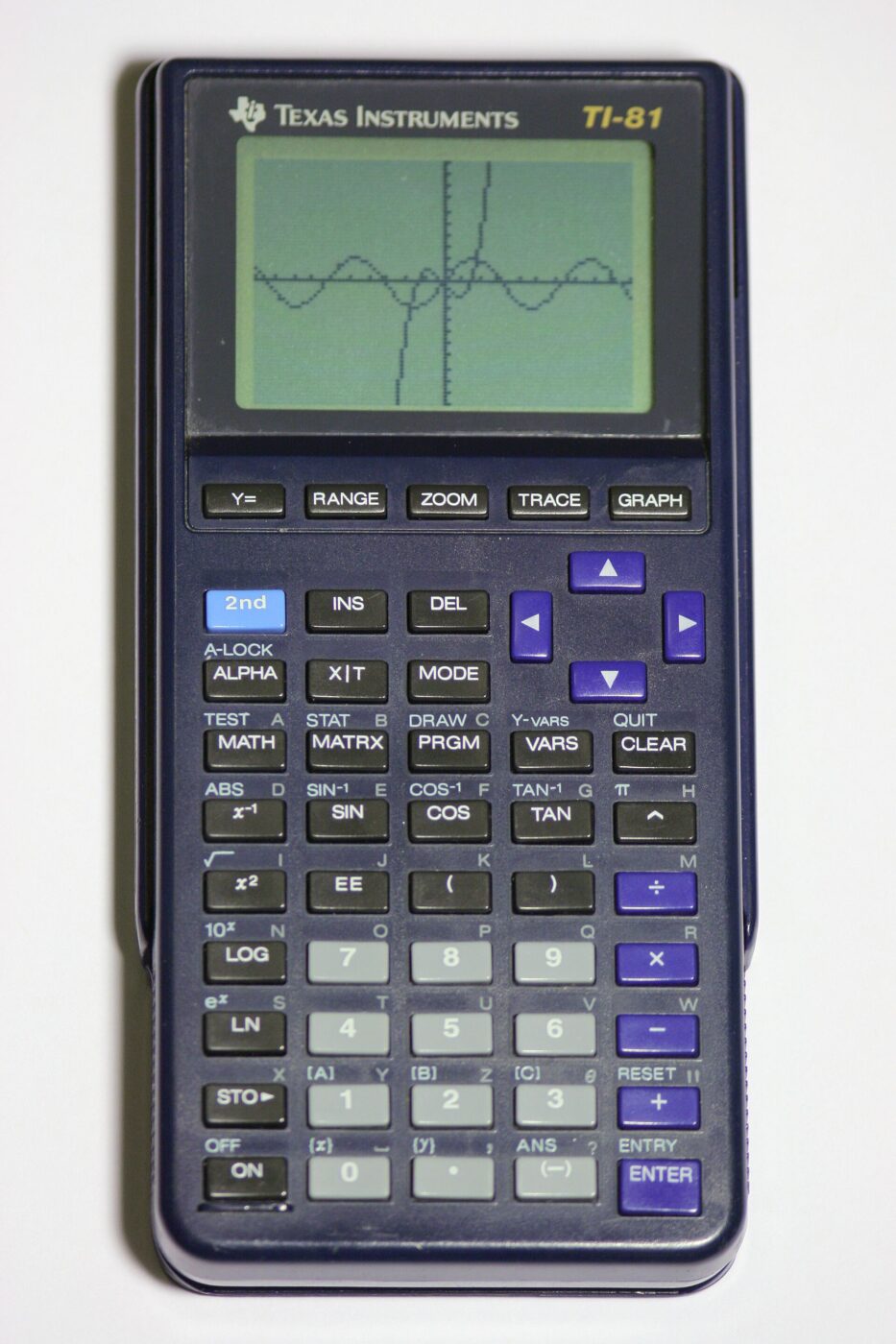 A Texas Instruments TI-81 graphing calculator showing plotted curves on its monochrome screen