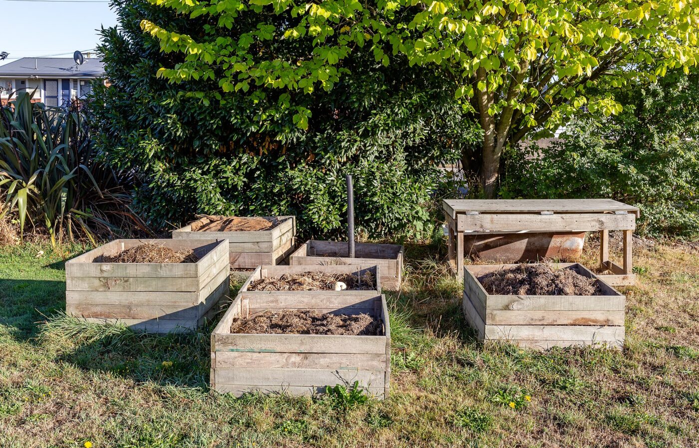 Several open wooden compost bins holding soil and garden waste on a sunny lawn.