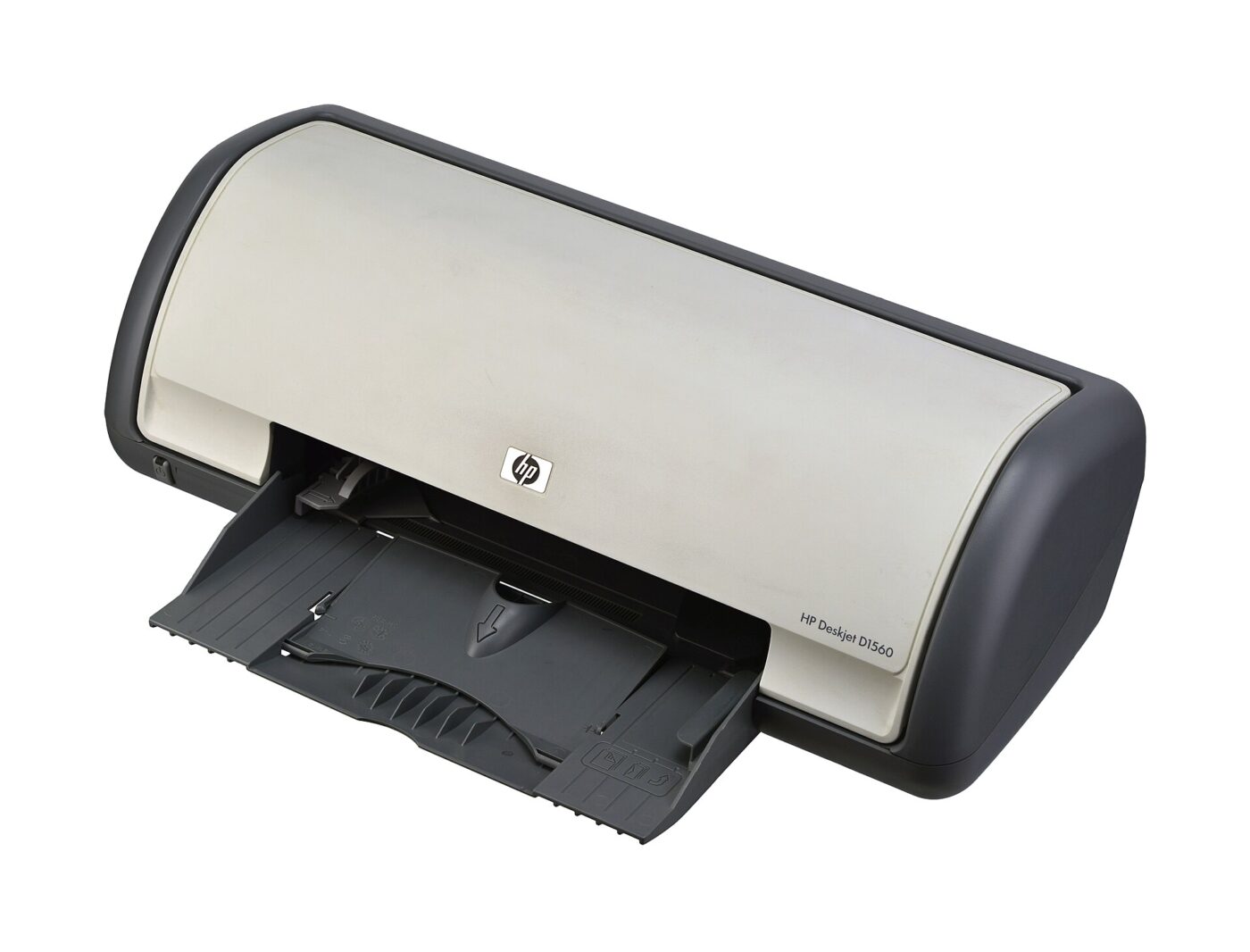 A compact home inkjet printer on a white background with its paper tray open