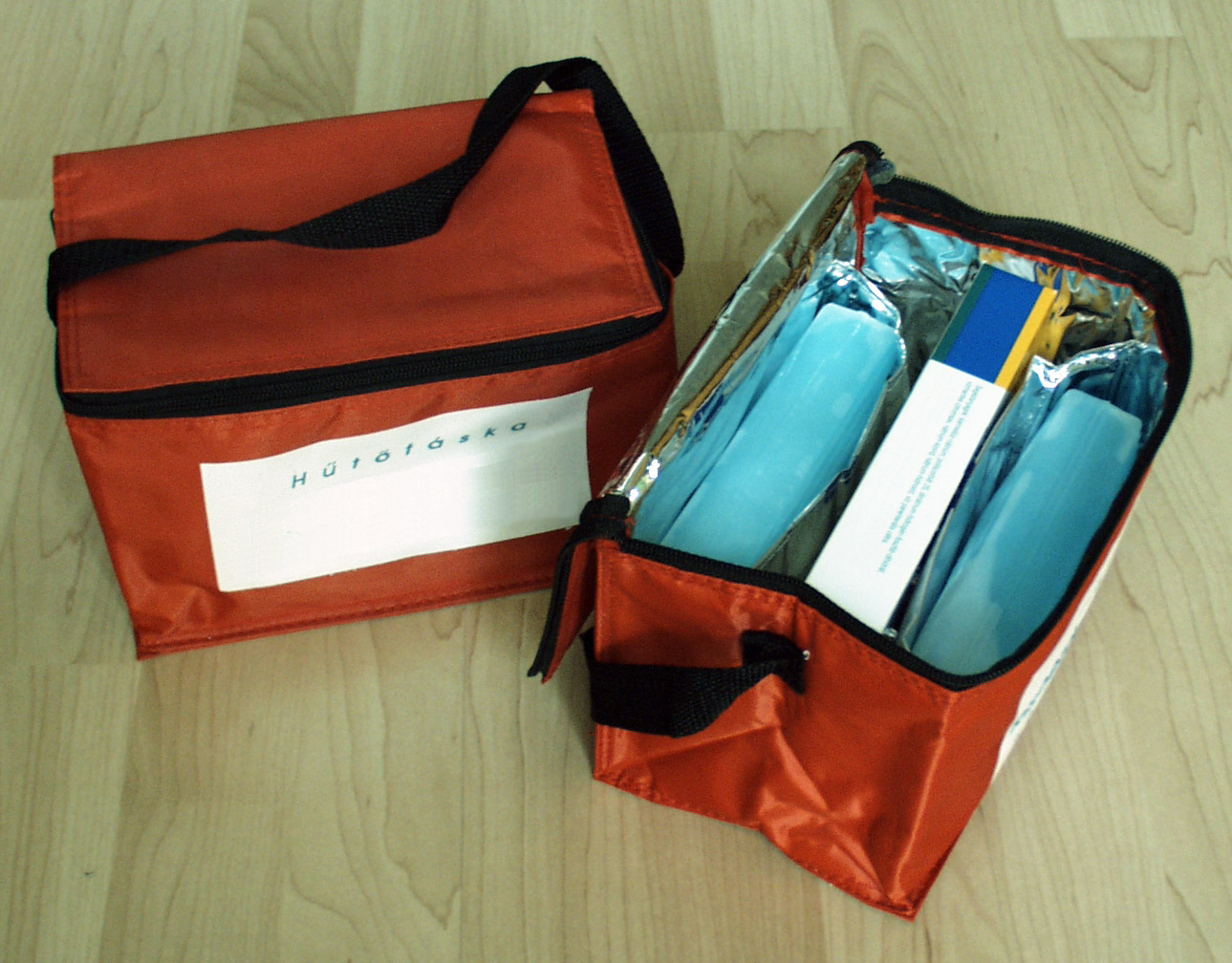 Two orange soft-sided cooler bags, one unzipped to show blue ice packs inside