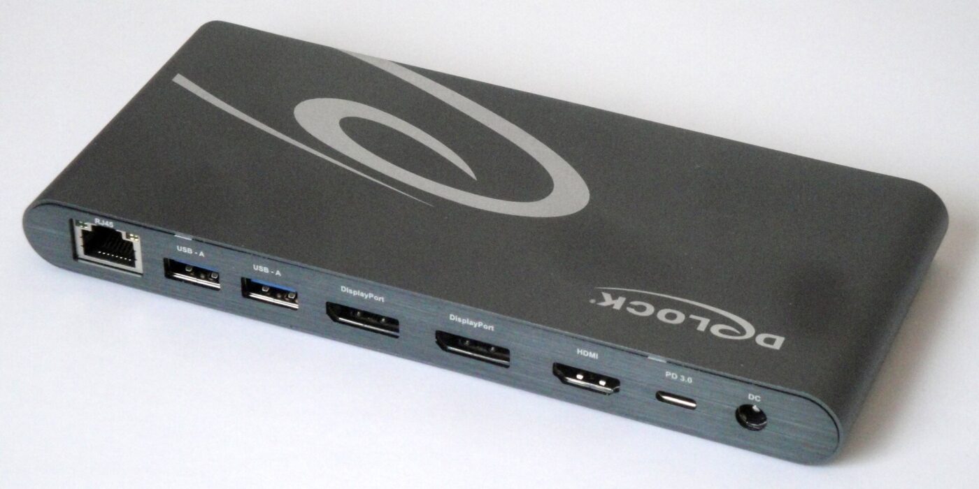 A docking station with Ethernet, USB-A, DisplayPort, HDMI and USB-C power ports along one side