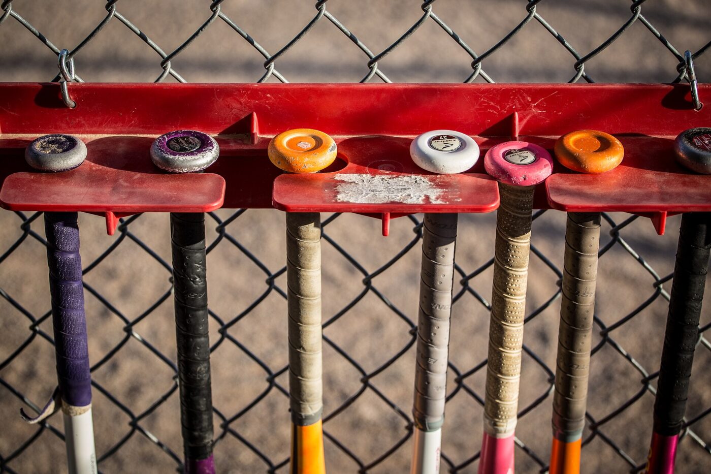 Six bats with colored knobs hang in a red rack on a chain-link fence.